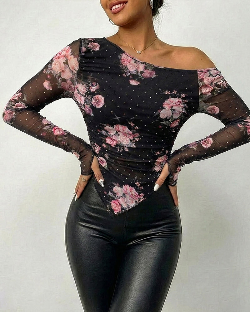 Women's Skew Neck Floral Mesh Top Rhinestone Long Sleeve Shirt Ruched Slim Fit Asymmetrical Hem Blouse with Thumbholes