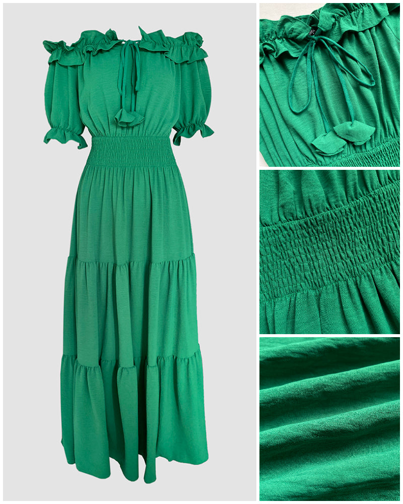 Off Shoulder Short Sleeve Frill Hem Lace Up Dress Casual Strechy Waist Flared Maxi Dress