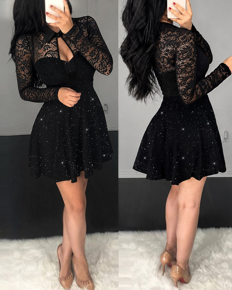 Women's Lace Patchwork Long Sleeve A Line Dress Glitter Hollow-out Mini Party Dress with Detachable Clear Straps