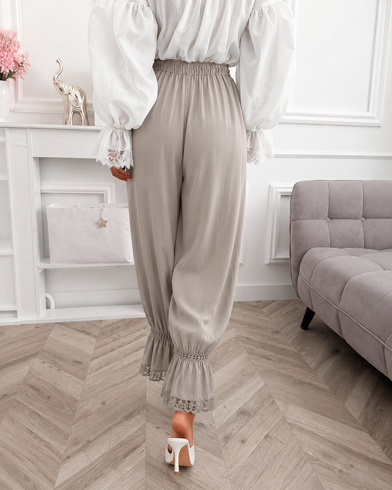 Women's Lace Patchwork Pants Elastic High Waist Hollow Out Ruffle Hem Lantern Trousers Casual Loose Lounge Pants