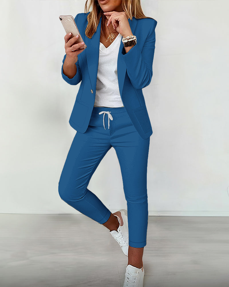2 Pieces Outfit Shawl Collar Single Breasted Pockets Design Blazer Coat And Drawstring Elastic Waist Slim Fit Pants Set