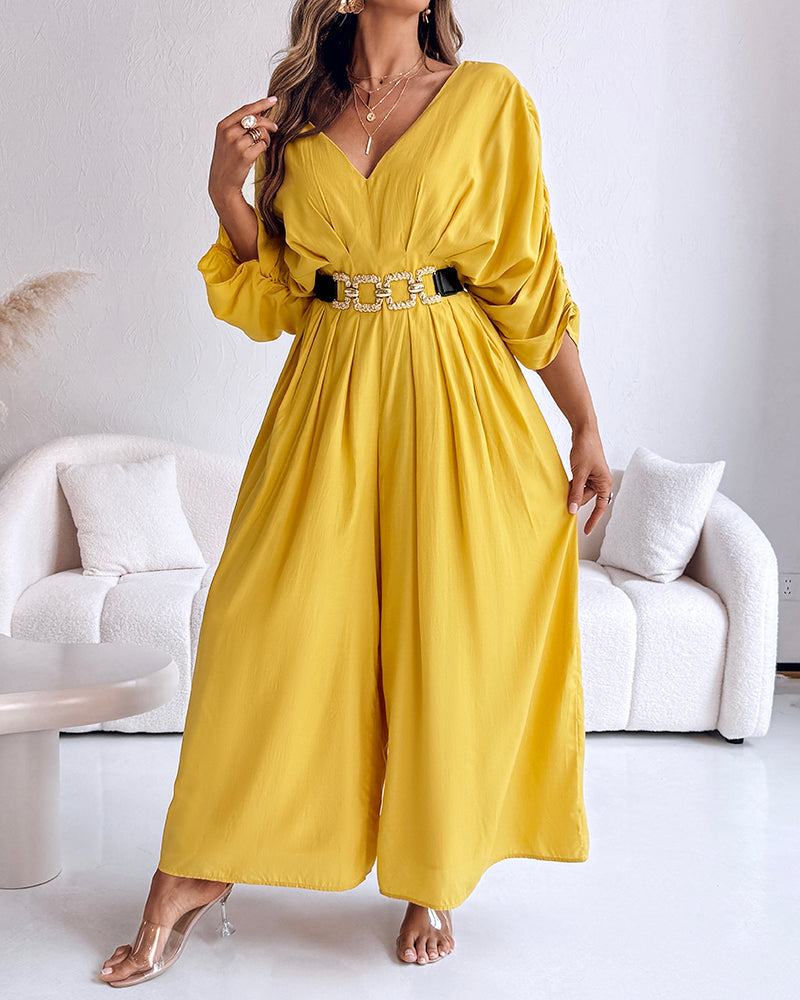 Deep V-Neck Ruched Three Quarters Sleeve Backless Overalls Casual Waist-Gathered Tied Detail Jumpsuit without Belt