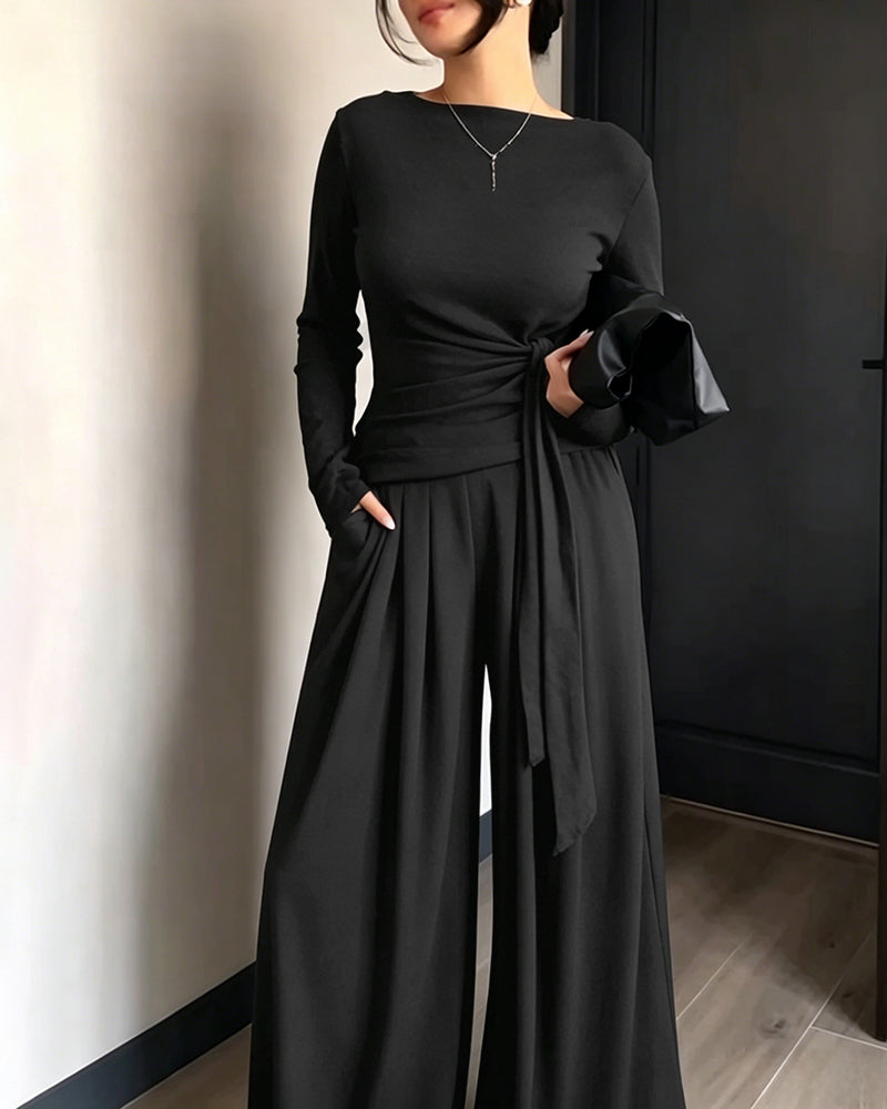 CHICME ESSENCE Women's 2 Piece Knit Lounge Set Long Sleeve Tie Waist Top and High Waisted Wide Leg Pants Casual Soft Sweatsuit with Pockets
