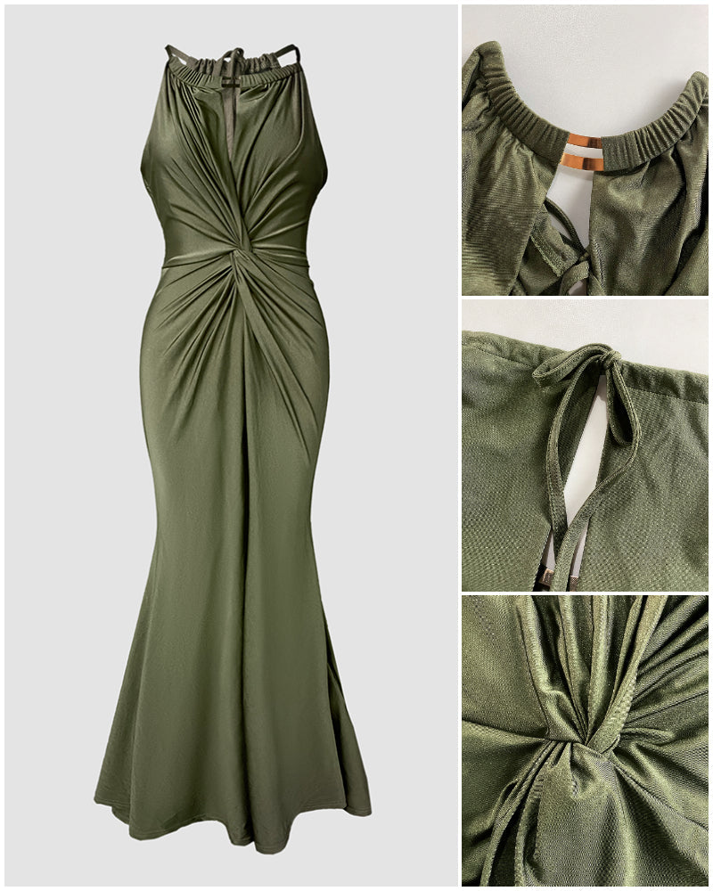 Women's Halter Tie Satin Maxi Dress Twist Front Cutout Backless Mermaid Cockail Dress Ruched Evening Party Dress
