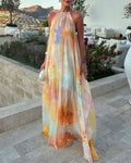 CHICME Women's Tie Dye Print Chiffon Maxi Dress Halter Neck Backless Tied Flowy A-Line Long Dress for Vacation