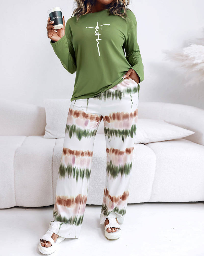 2 Pieces Outfit Letter Print Long Sleeve Top and Tie Dye Print Elastic Waist Pants Set Casual Pajamas Set