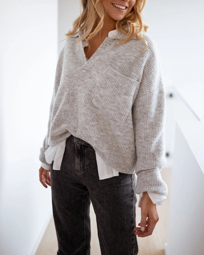 Women's Rib-Knit Polo Sweater V-Neck Collared Long Sleeve Pullover Loose Fit Drop Shoulder Top