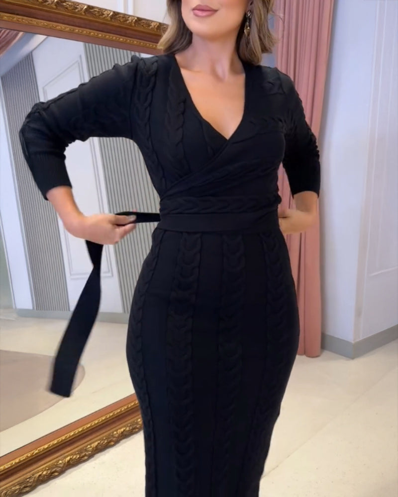 Cable Textured Overlap Deep V Neck Long Sleeve Mid Length Dress Tie Waist Slim Fit Knit Dress