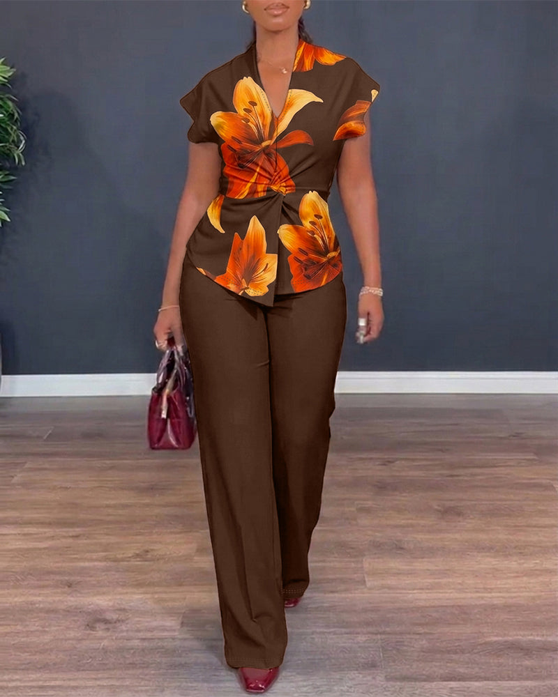 Women's Two Piece Outfit Vintage Floral Twist Front Top and Straight Leg Pants Set