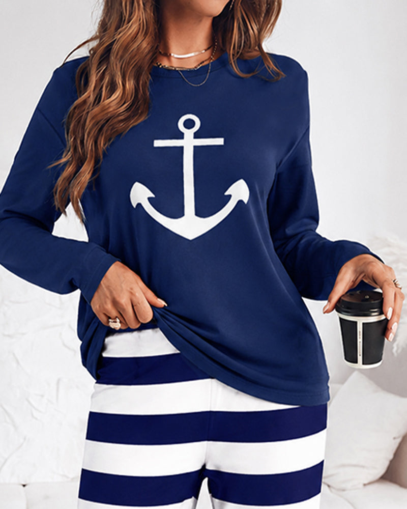 Women's 2 Piece Pajama Set Anchor Long Sleeve Top and Striped Wide Leg Pants Casual Lounge Set