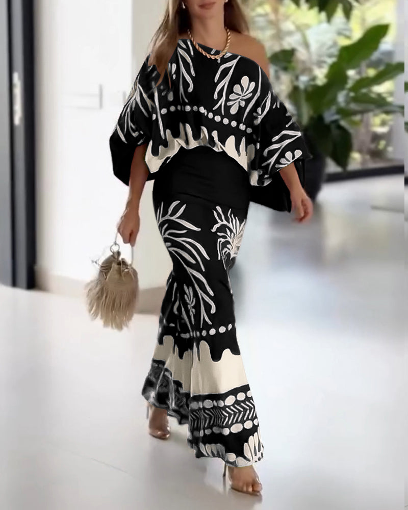 2 Pieces Outfit Skew Neck Lantern Sleeve Loose Fit Top and High Waist Elastic Waist Fishtail Maxi Skirt Set Casual Tropical Print Vacation Set