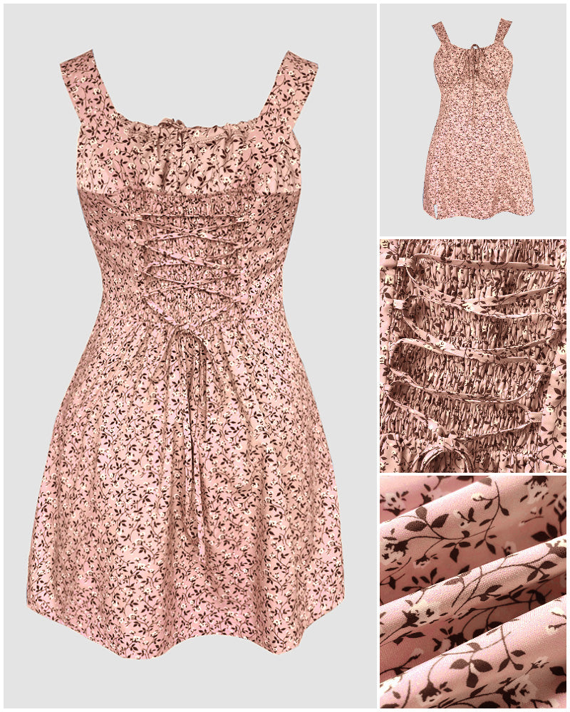 Ditsy Flora Print Square Neck Thick Strap Jumpsuit Tied Detail Shirred Back Slit Slim Fit Skort Romper
