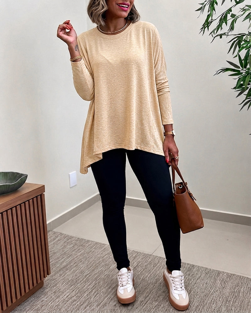 Women's Asymmetric Hem Long Sleeve Top Loose Fit Dropped Shoulder Crewneck Soft Slouchy Casual Tee