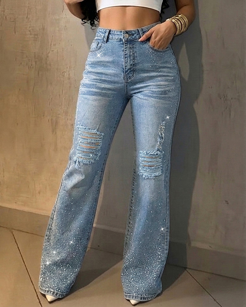 Women's Rhinestone Flare Jeans High Waisted Distressed Ripped Jeans Y2K Retro Streetwear Denim Pants