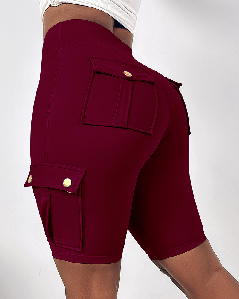 Tummy Control Butt Lifting Active Shorts High Waist Flap Pocket Workout Bermuda Cargo Running Shorts