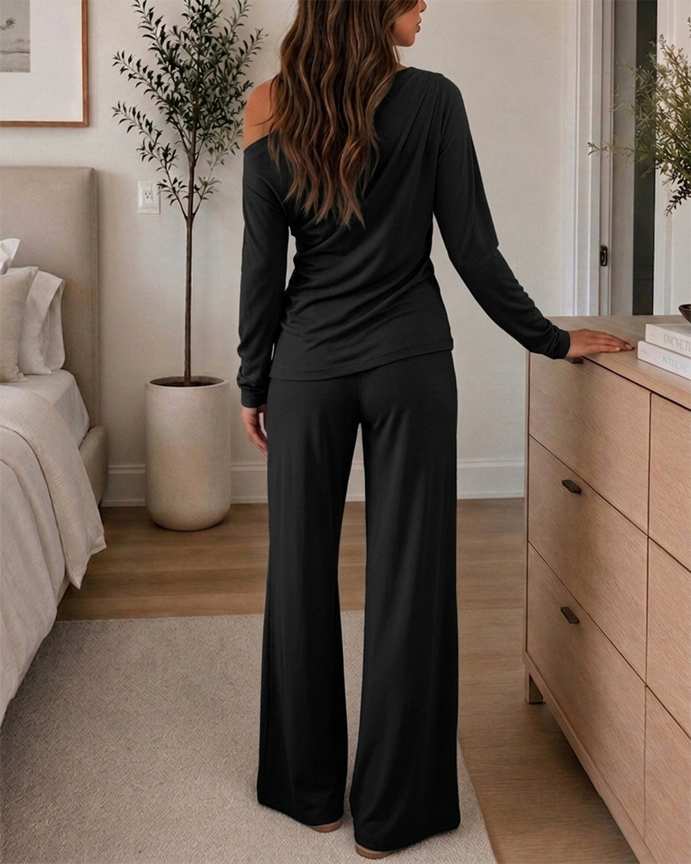 CHICME ESSENCE Women's 2 Piece Lounge Set Skew Neck Ruched Asymmetric Hem Long Sleeve Top and Wide Leg Pants Matching Outfit