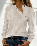 Button Decor Asymmetrical V-Neck Long Sleeve Ribbed Tee Casual Knit Brushed Top