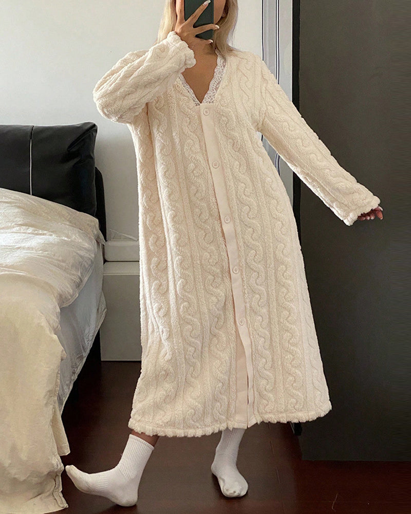Stylish Contrast Lace V Neck Night Dress Casual Long Sleeve Weaving Knit Coral Sleepwear