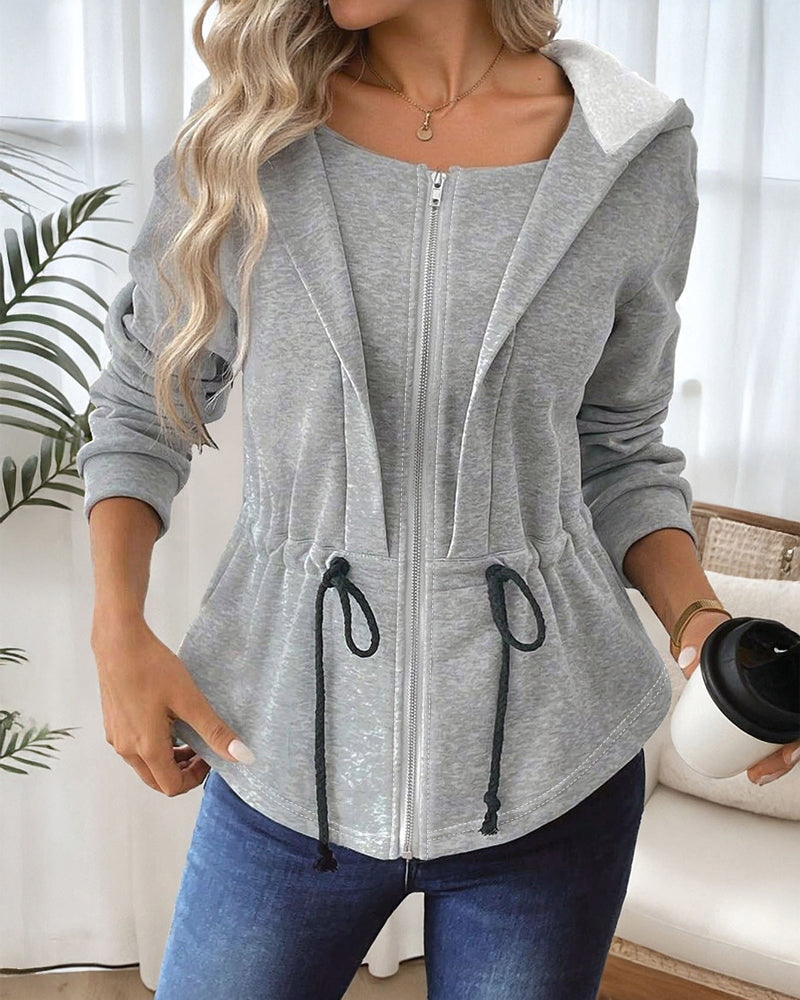 Women's Hooded Drawstring Waist Jacket Casual Zip Up Curved Hem Coat