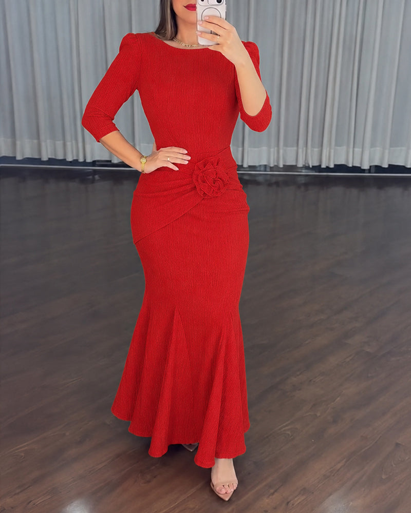 Women's 3D Floral Twist Mermaid Maxi Evening Gown Elegant Three Quarters Sleeve Bodycon Party Dress