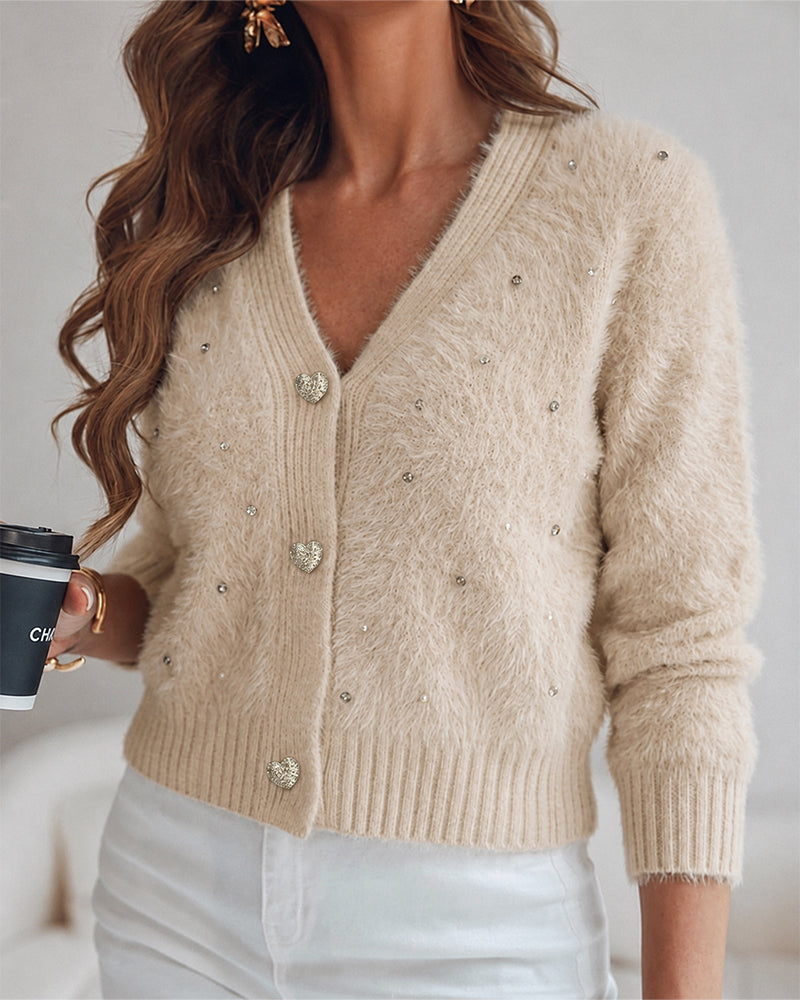 Women's Faux Mink Fur Knit Cardigan Elegant Pearl Rhinestone V Neck Sweater Crop Single Breasted Coat