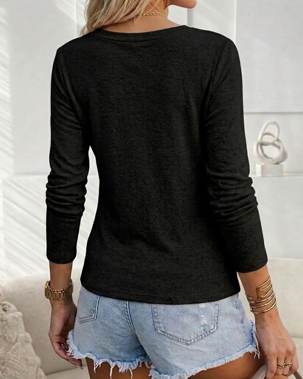 CHICME ESSENCE Women’s V-Neck Knit Top Long Sleeve Slim Fit Tee Button Decor Chest Pocket Casual Soft Pullover Shirt