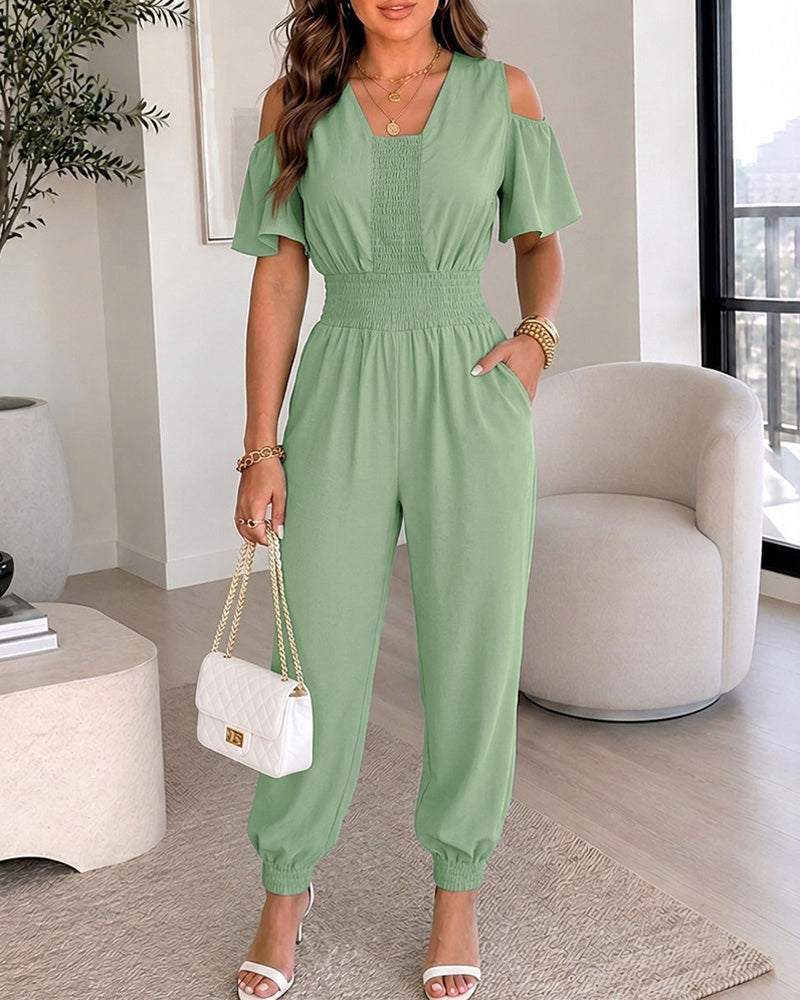 Women's Cold Shoulder Jumpsuit Casual High Waist Shirred Cuffed Overalls with Pockets