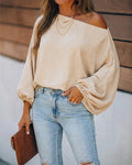 Women's French Style Off Shoulder Blouse Elegant Lantern Sleeve Top Versatile Skew Neck Textured Shirt