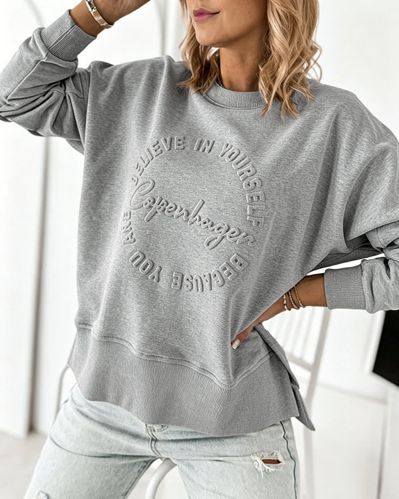 Women's Loose Crewneck Sweatshirt Embossed Letter Print Pullover Top Casual Side Slit Top