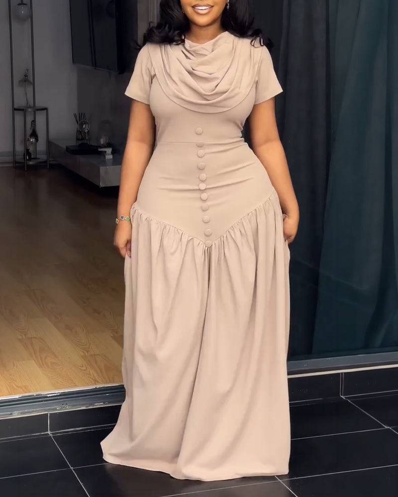 Single Breasted Decor Cowl Neck Short Sleeve Cinched Waist Maxi Dress Elegant Zipper Back Ruched Party Dress