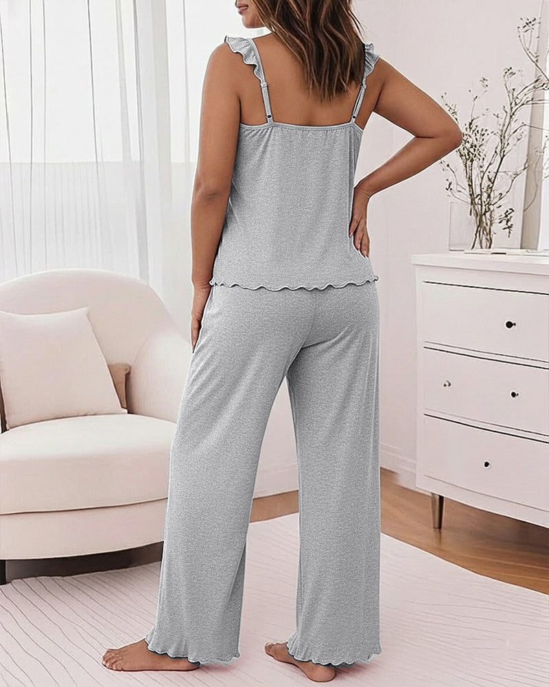 CHICME ESSENCE Women's Frill Trim Pajama Set with Pockets