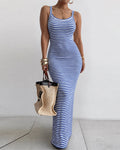 Women's Striped Ribbed Knit Maxi Dress Slim Fit Sleeveless Cami Dress Beach Vacation Sundress
