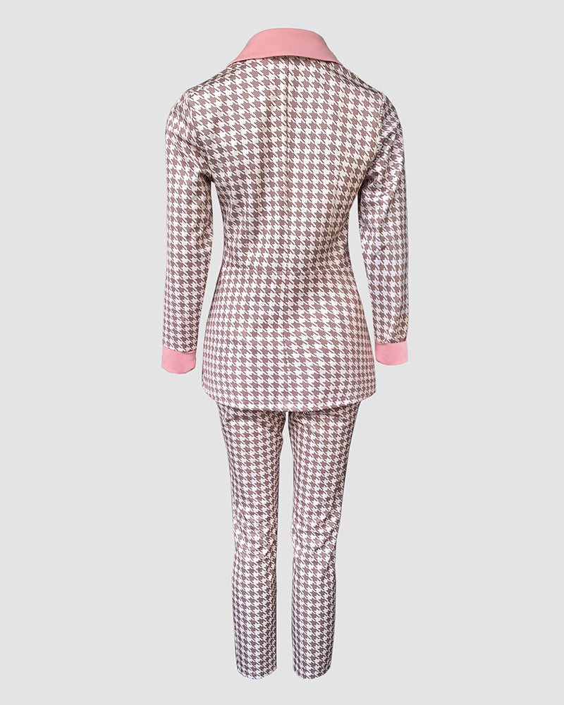 Houndstooth Print Notched Collar Zip Front Flap Detail Corset Slit Coat And Elastic Waist Slim Fit Pants Set Blazer Set