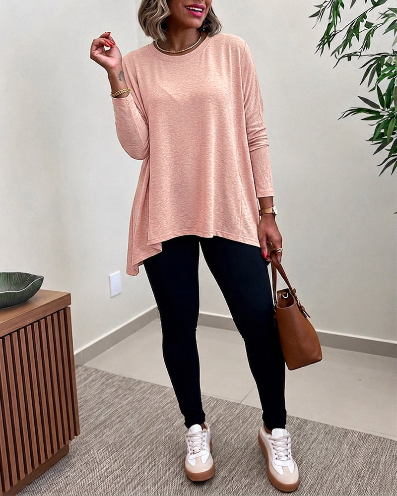 Women's Asymmetric Hem Long Sleeve Top Loose Fit Dropped Shoulder Crewneck Soft Slouchy Casual Tee
