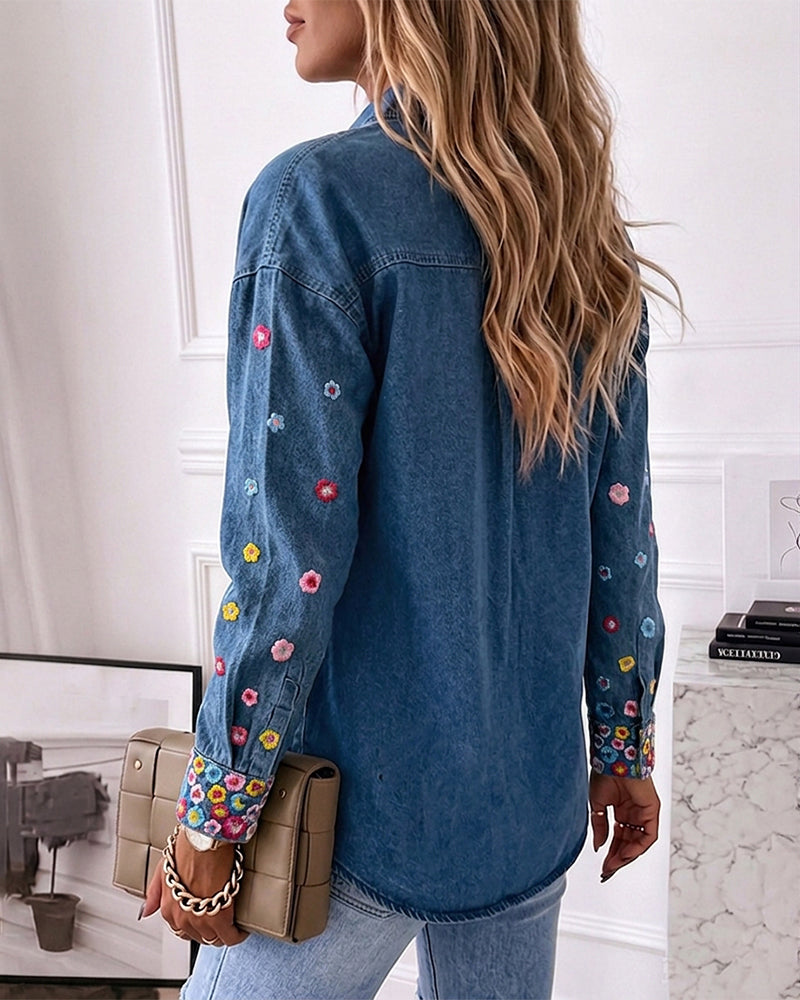 Women's Floral Embroidered Denim Jacket Colorful Button Down Jean Coat Casual Washed Shacket
