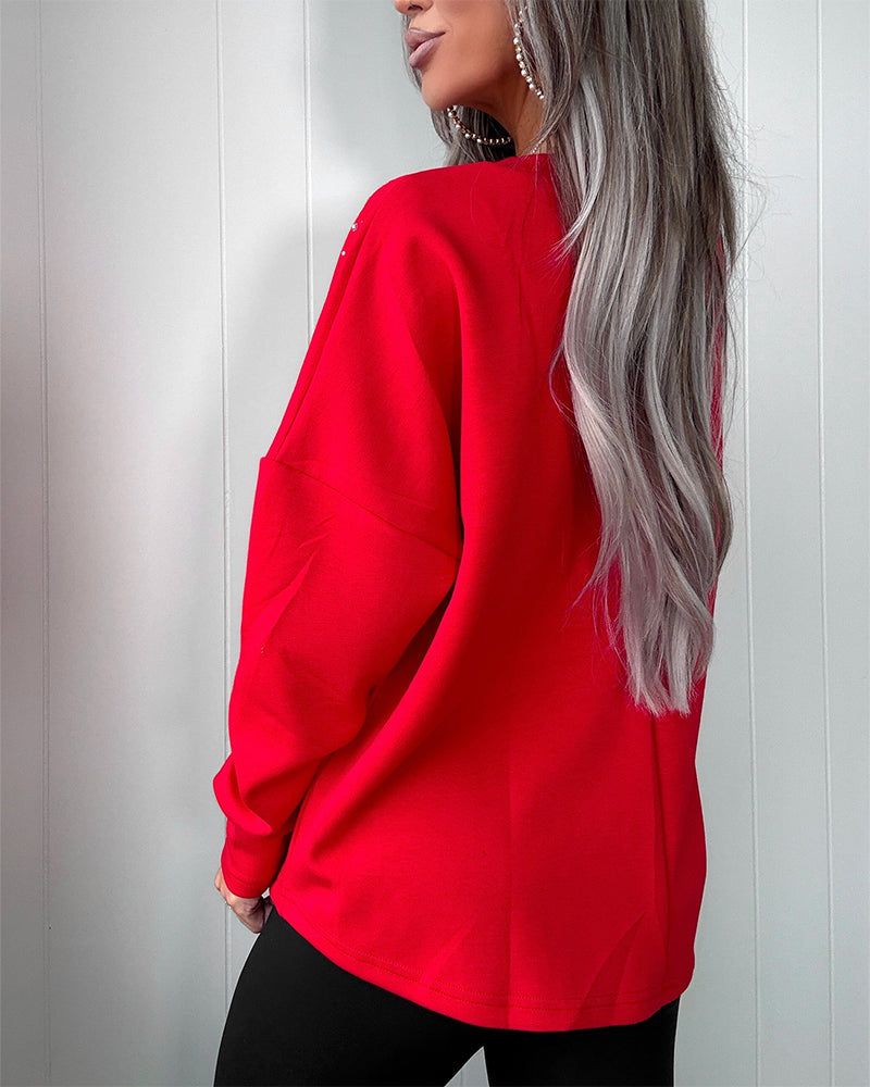 Women's Rhinestone Crewneck Sweatshirt Loose Drop Shoulder Pullover Top