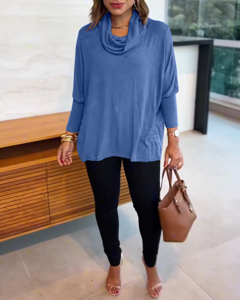 Women's Cowl Neck Batwing Sleeve Top Casual Long Sleeve Loose Pullover Comfortable Soft Drape Blouse