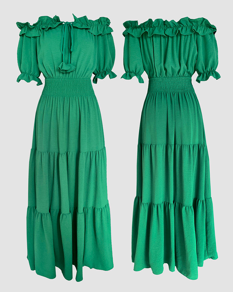 Off Shoulder Short Sleeve Frill Hem Lace Up Dress Casual Strechy Waist Flared Maxi Dress
