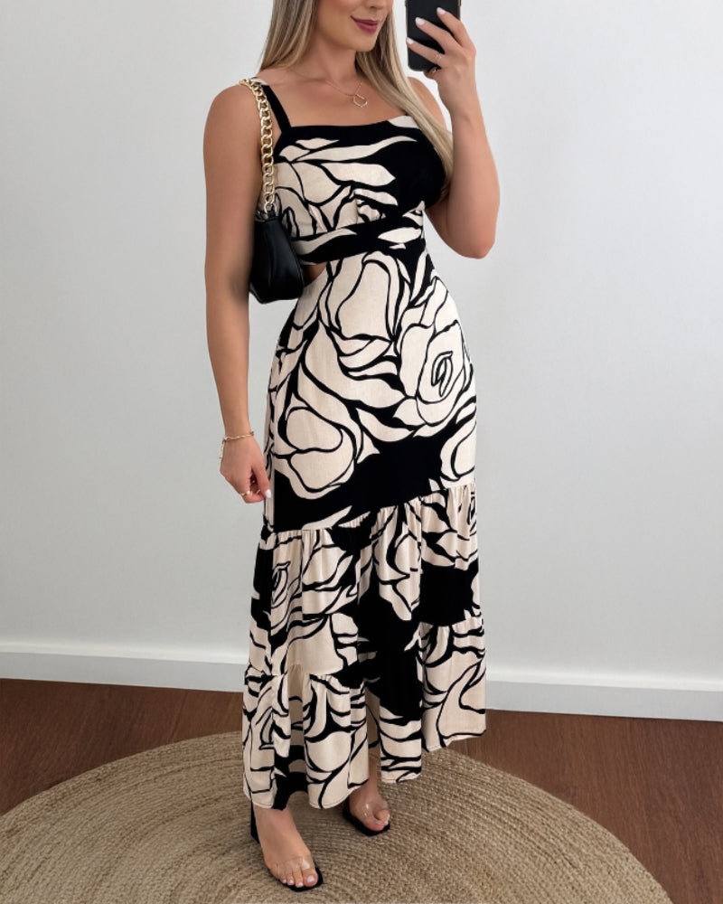 Floral Print Adjustable Straps Cutout Waist Shirred Backless Maxi Dress Casual Elastic Back Waist Ruffle Hem Vacation Dress