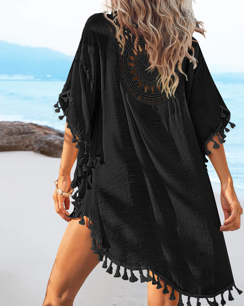 Women's Front & Back Reversible Beach Cover Up Crochet Lace Hollow Out Spliced Tassel Vacation Caftan Dress