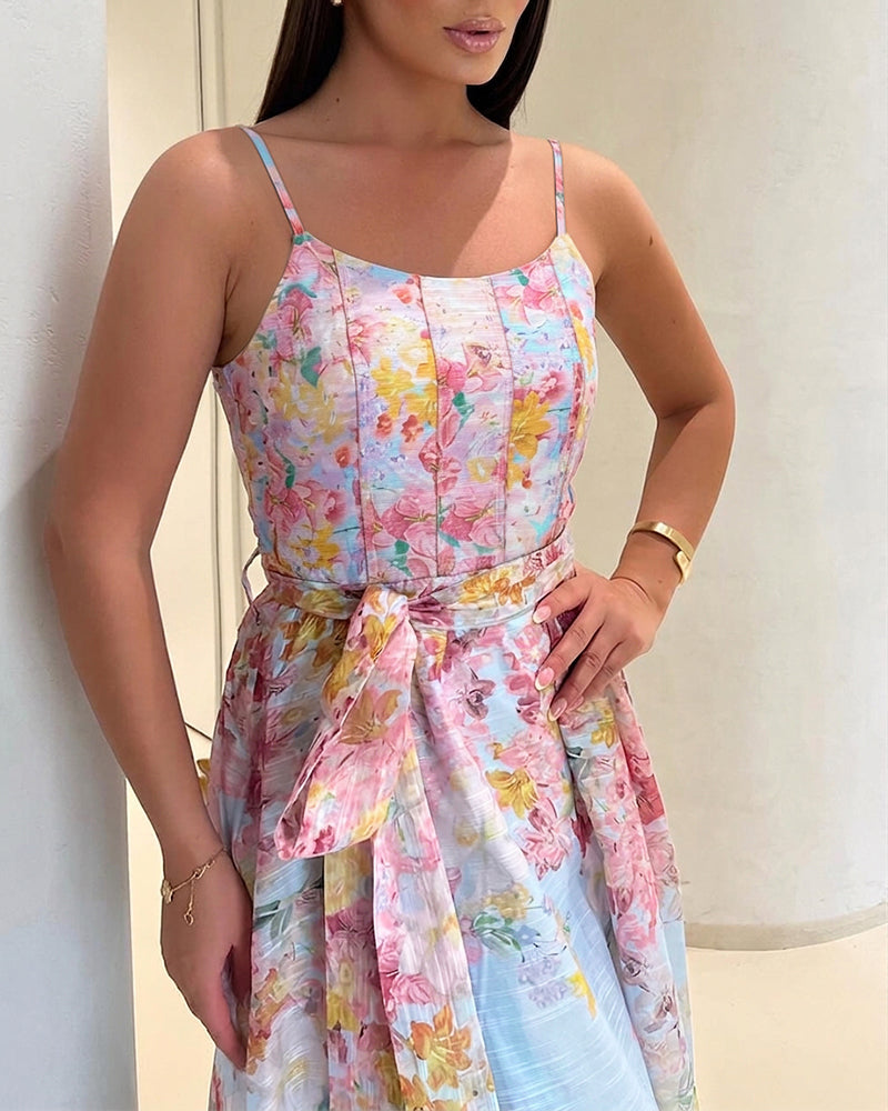 CHICME Women's Watercolor Floral Cami Dress Adjustable Straps High Waist A-Line Maxi Dress with Matching Belt