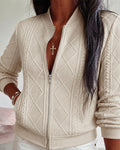 Women's Vintage Cable Knit Bomber Jacket Casual Argyle Zip Up Crop Coat with Pockets