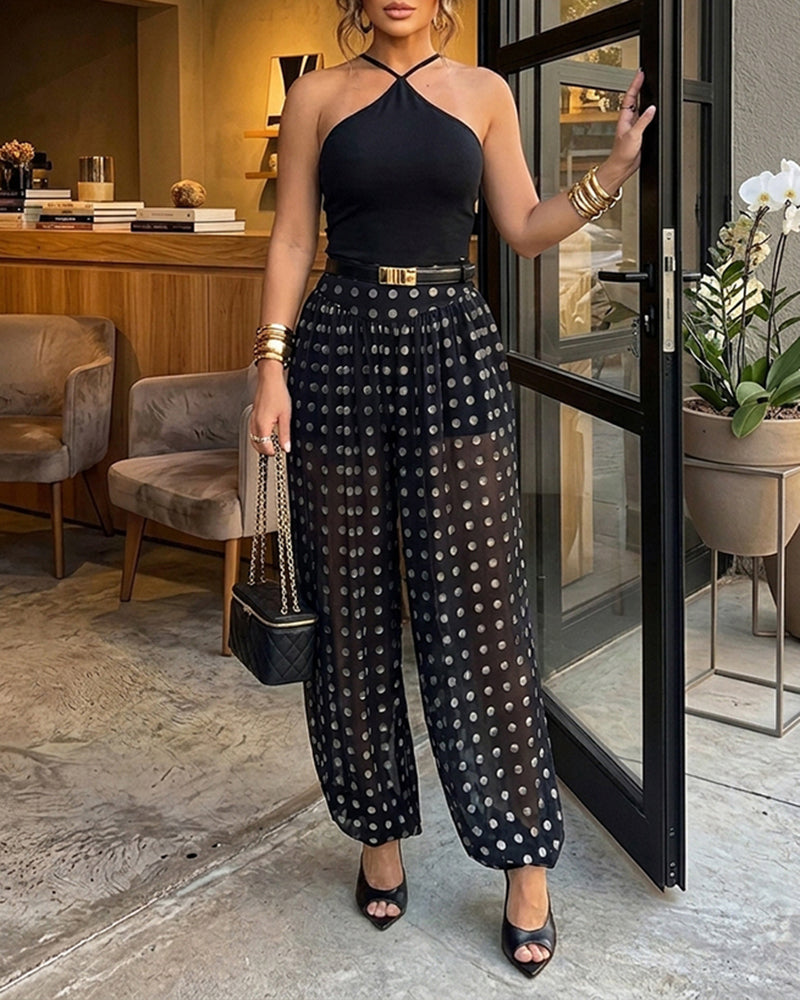 CHICME Women's Polka Dot Sheer Lantern Pants High Waist Loose Fit Harem Pants Vintage See-Through Trousers with Lining