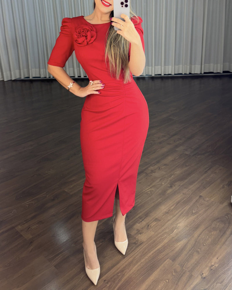 3D Flower Decor Round Neck Puff Sleeve Bodycon Dress Casual Ruched Slit Zipper Back Work Dress