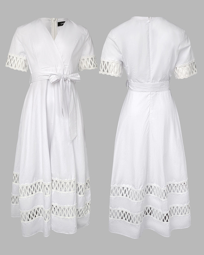Overlap Deep V-Neck Hollow-out Spliced High Waist Maxi Dress Casual Zipper Back Tie Waist Vacation Dress
