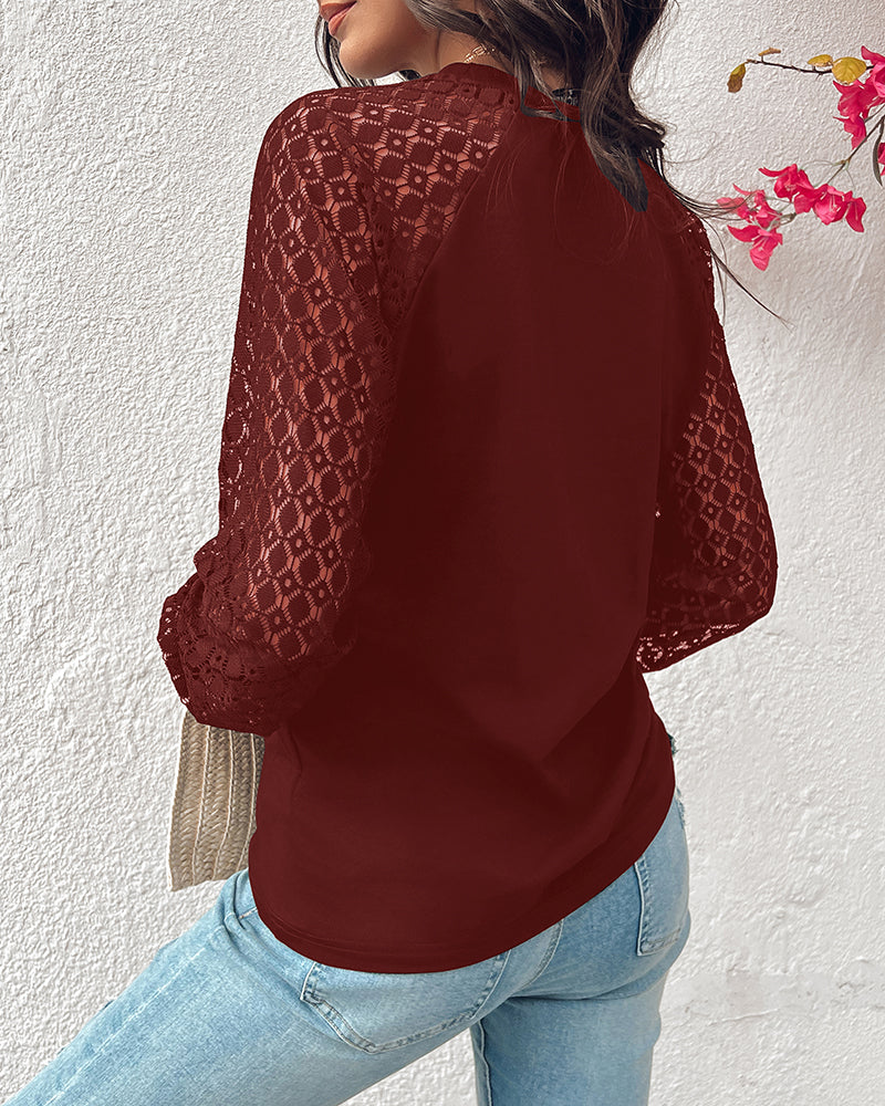 Contrast Lace Round Neck Lantern Sleeve Ruched Blouse Elegant Shirt