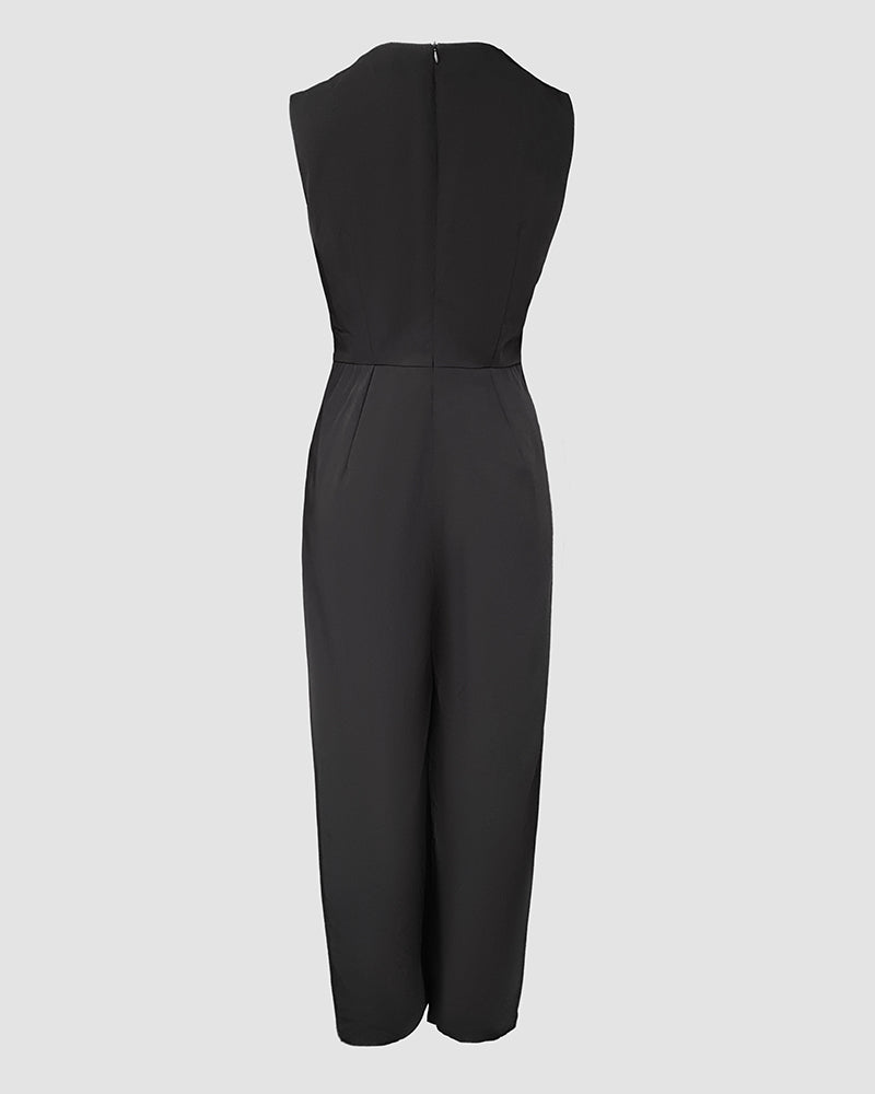 Plunge Sleeveless Button False Two Pieces Wide Leg Jumpsuit