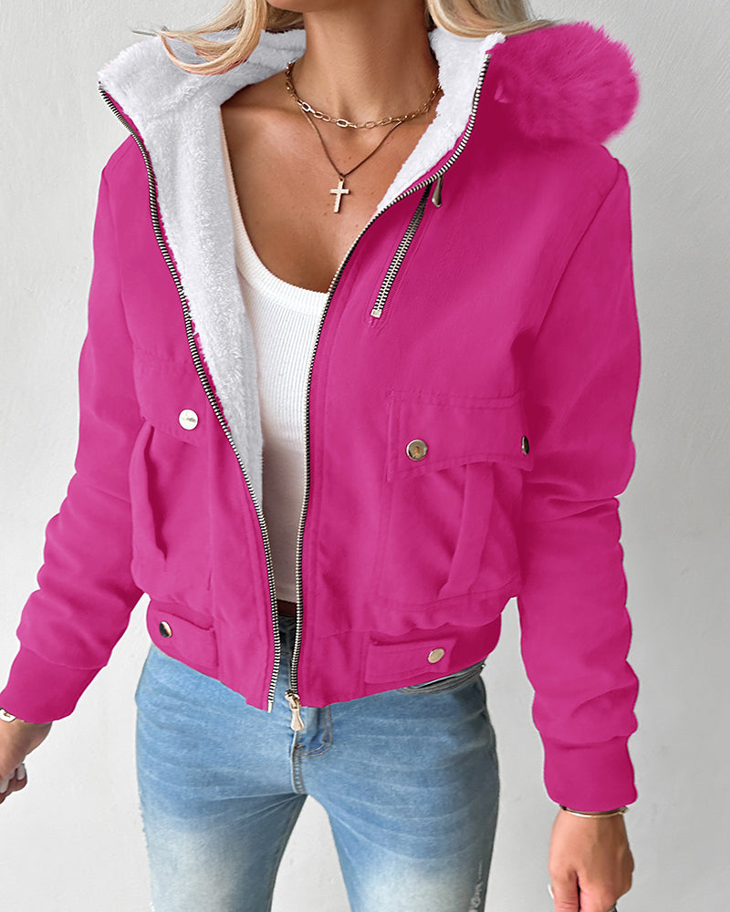 Fuzzy Trim Jacket Hooded Zip Up Fleece Lined Coat Outwear with Pockets