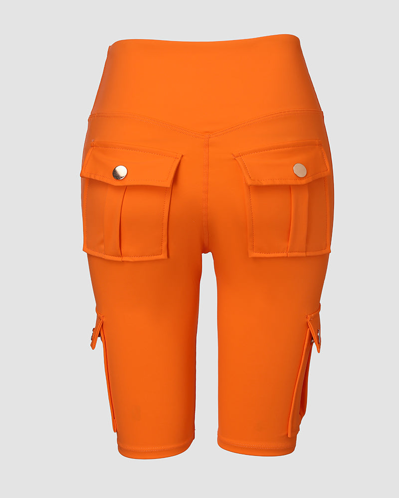 Tummy Control Butt Lifting Active Shorts High Waist Flap Pocket Workout Bermuda Cargo Running Shorts