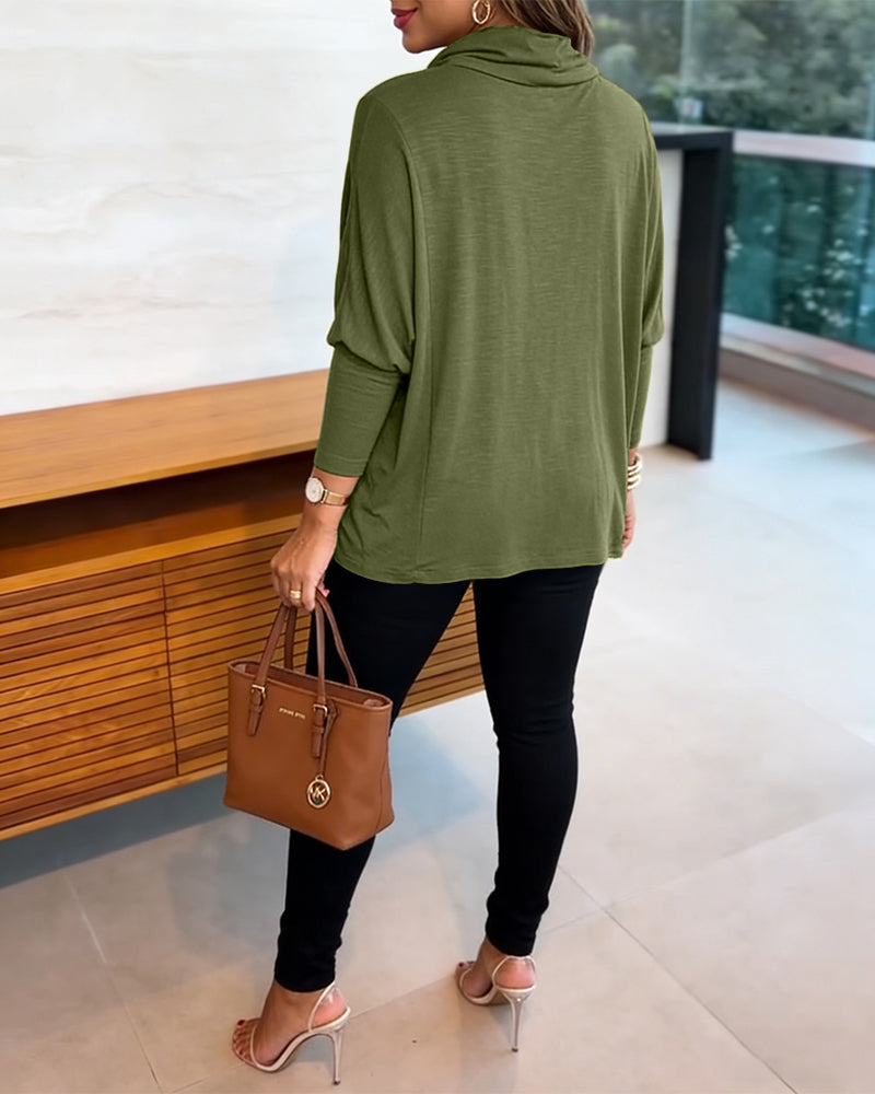 Women's Cowl Neck Batwing Sleeve Top Casual Long Sleeve Loose Pullover Comfortable Soft Drape Blouse